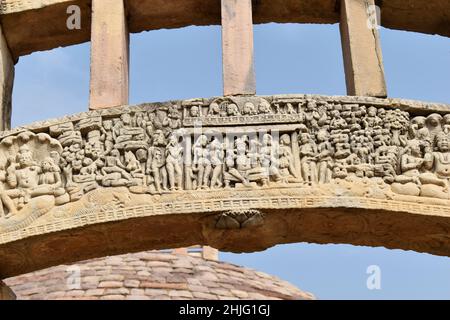 Stupa No. 3, Middle Archabrave, Nandanavana avec Indra, monuments Sanchi, site du patrimoine mondial,Madhya Pradesh, Inde. Banque D'Images