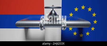 Transport de gaz naturel en Europe, conduite de gaz et roue de valve, drapeau russe et européen.3d renderw Banque D'Images