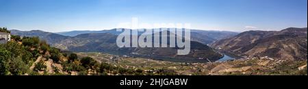Vue panoramique depuis le sommet des montagnes de vignobles de la vallée du Douro, Portugal Banque D'Images