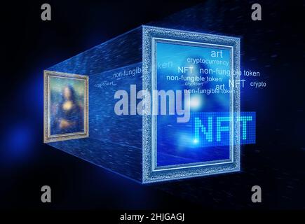 NFT jeton et crypto art, peinture avec cyber lumière bleue dans la galerie numérique.NFT est une crypto-monnaie non fongible.Concept de blockchain, marché, v Banque D'Images