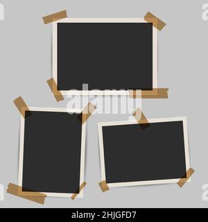Trois anciens cadres photo avec gabarit de bande.Clichés rétro 3D avec cadre blanc et bande adhésive.3D illustration vectorielle réaliste. Illustration de Vecteur