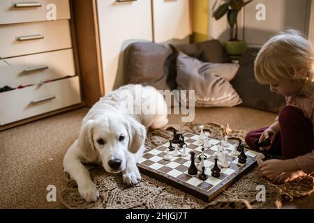 Un enfant joue aux échecs en déplaçant des pièces d'échecs sur un échiquier.Golden Retriever chiot à côté de bébé jouant sur elle-même Banque D'Images