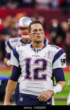 Houston, États-Unis.05th févr. 2017.Le quarterback des Patriots de la Nouvelle-Angleterre Tom Brady (#12) arrive sur le terrain devant le Super Bowl LI entre les Falcons d'Atlanta et les Patriots de la Nouvelle-Angleterre qui se sont tenus au NRG Stadium le 5 février 2017 à Houston, au Texas.(Photo par Anthony Behar) *** Veuillez utiliser le crédit du champ de crédit *** crédit: SIPA USA/Alamy Live News Banque D'Images