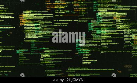 Code informatique abstrait s'exécutant dans un espace virtuel.Code de programmation avec lignes mobiles isolées sur fond vert noir, boucle transparente. Banque D'Images