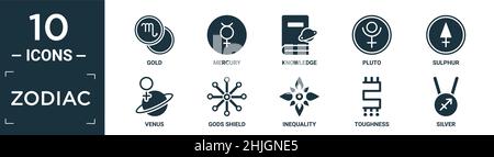 ensemble d'icônes de zodiaque remplies. contiennent de l'or plat, du mercure, des connaissances, du pluton, du soufre,vénus, le bouclier des dieux, l'inégalité, la ténacité, les icônes d'argent dans éditables pour Illustration de Vecteur