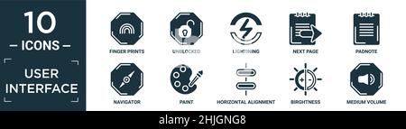 jeu d'icônes d'interface utilisateur rempli. contient des empreintes de doigts plates, débloqués, lumineux, page suivante, paddle,navigateur, peinture, alignement horizontal, birghtn Illustration de Vecteur