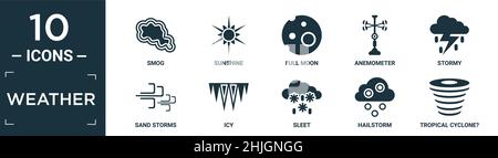 ensemble d'icônes météo remplies. contient un smog plat, du soleil, une pleine lune, un anémomètre, une tempête,tempêtes de sable, verglas, grésil, tempête de grêle, cyclone tropical ?icônes dans ed Illustration de Vecteur