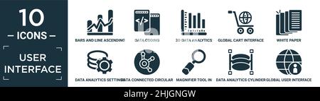 ensemble d'icônes d'interface utilisateur rempli. contient des barres plates et une ligne ascendante d'analyse des données, codage des données, 3d barres doubles d'analyse des données, interfac global de chariot Illustration de Vecteur