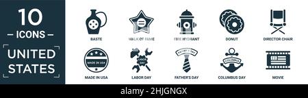 ensemble d'icônes des états-unis rempli. contenir un baste plat, marche de la renommée, borne d'incendie, beignet, chaise de directeur,fabriqué aux états-unis, fête du travail, fête des pères, columbus d Illustration de Vecteur