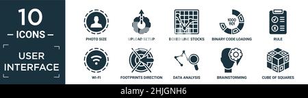 jeu d'icônes d'interface utilisateur rempli. contient une taille de photo à plat, configuration de téléchargement, stocks de lignes en boîte, chargement de code binaire, règle,wi-fi, empreintes de pas, etc Illustration de Vecteur