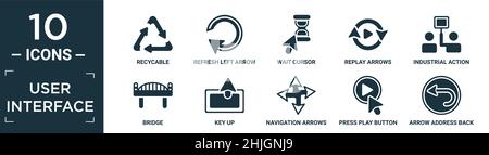 jeu d'icônes d'interface utilisateur rempli. contient câble de réponse plat, flèche gauche de rafraîchissement, curseur d'attente, flèches de relecture, action industrielle,pont, clé vers le haut, navigation Illustration de Vecteur