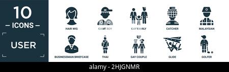 jeu d'icônes rempli. contient perruque à cheveux plats, garçon de jeu, famille gay, catcher, malais,porte-documents homme d'affaires, thaïlandais, couple gay, glisse, icônes golfeur dans Illustration de Vecteur