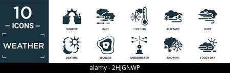 ensemble d'icônes météo remplies. contient un lever de soleil plat, une brume, un gel, un blizzard, une rafale,diurne, isobares, anémomètre, neige, icônes de jour brumeux sous forme modifiable Illustration de Vecteur