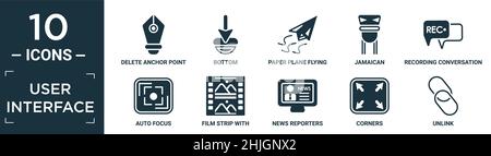 jeu d'icônes d'interface utilisateur rempli. contient un point d'ancrage de suppression à plat, bas, avion papier volant, jamaïcain, enregistrement de conversation,mise au point automatique, bande de film Illustration de Vecteur