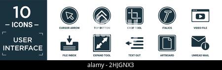 jeu d'icônes d'interface utilisateur rempli. contient une flèche de curseur plate, un bouton supérieur, un outil de recadrage, des italiques, un fichier vidéo,boîte de réception de fichiers, outil développer, sortie de texte, plan de travail, un Illustration de Vecteur