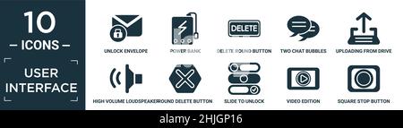 jeu d'icônes d'interface utilisateur rempli. contient enveloppe de déverrouillage à plat, banque de puissance, bouton de suppression rond, deux bulles de chat, téléchargement depuis le lecteur,lou. volume élevé Illustration de Vecteur