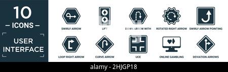 jeu d'icônes d'interface utilisateur rempli. contient une flèche plate, une flèche de défilement, une flèche de levage, une flèche de bas avec des lignes interrompues, une flèche de rotation vers la droite avec une ligne interrompue, une flèche de défilement vers u Illustration de Vecteur