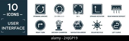 ensemble d'icônes d'interface utilisateur rempli. contient des flèches tournantes plates, continues, de taille, de rotation vers le haut avec ligne brisée, de dégivrage de lunette arrière, de virage à droite, d'arc Illustration de Vecteur