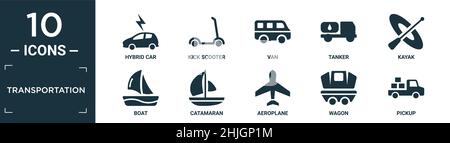 ensemble d'icônes de transport rempli. contient voiture hybride plate, scooter de kick, fourgonnette, camion-citerne, kayak,icônes de bateau, catamaran, avion, wagon, ramassage dans modifiable Illustration de Vecteur