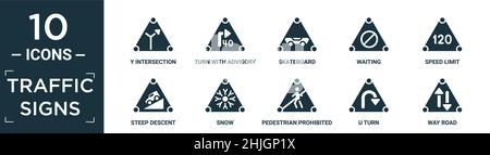 ensemble d'icônes de signalisation rempli. contiennent une intersection y plate, un virage avec vitesse consultative, un skateboard, une attente, une limite de vitesse, une descente abrupte,neige, piétonne Illustration de Vecteur