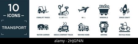 jeu d'icônes de transport remplies. contient chariot élévateur à fourche plat, exercices, vide, minéraux, engin spatial,transporteur d'eau, compagnie de médias camion avec satellite, mov Illustration de Vecteur