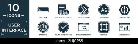 jeu d'icônes d'interface utilisateur rempli. contient une zone de texte plate, ajouter un nouveau document, bouton droit, format de lettre, opposition,externe, bouton rond terminé, direct se Illustration de Vecteur