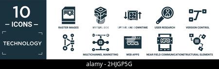 jeu d'icônes de technologie rempli. contient des images raster plates, une boîte virtuelle, le temps de fonctionnement et les temps d'arrêt, des recherches d'utilisateurs, le contrôle de version,, marketing multicanal, nous Illustration de Vecteur