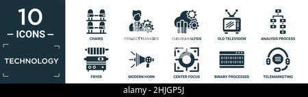 jeu d'icônes de technologie rempli. contient des chaises plates, chef de projet, analyse de cloud, vieux téléviseur, processus d'analyse,friteuse, corne moderne, foyer central, Illustration de Vecteur