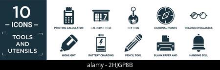 jeu d'icônes d'outils et d'ustensiles rempli. contient calculatrice à impression à plat, page de calendrier, porte-clés, points cardinaux, lunettes de lecture,mettez en surbrillance, batterie Illustration de Vecteur