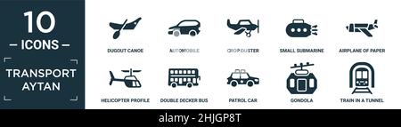 ensemble d'icônes de transport rempli d'aytan. contiennent un canot de dugout plat, une automobile, un plumeau, un petit sous-marin, un avion de feuille de papier, un profil d'hélicoptère, du cou Illustration de Vecteur