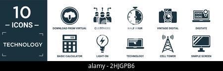 jeu d'icônes de technologie rempli. contient téléchargement à plat à partir du cloud virtuel, clients, demi-heure, appareil photo numérique vintage, digiter,calculatrice de base, légère Illustration de Vecteur
