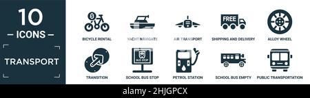 ensemble d'icônes de transport remplies. contient location de vélos plats, navigation de yacht, transport aérien, expédition et livraison, roue en alliage,transition, arrêt d'autobus scolaire Illustration de Vecteur