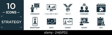 jeu d'icônes de stratégie rempli. contenir une conférence plate ?, une vidéo conférence ?, une médaille ?, un travail d'équipe ?, un calendrier ?,smartphone ?, chemin ?, codage ?, course ?, liste ?icônes Illustration de Vecteur