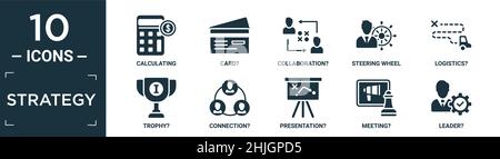 jeu d'icônes de stratégie rempli. contient calcul à plat, carte?, collaboration?, volant, logistique?,trophée ?, connexion ?, présentation ?, réunion ?, Illustration de Vecteur