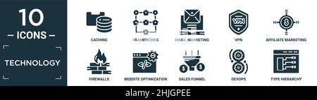 ensemble d'icônes de technologie remplies. contiennent la mise en cache à plat, les structures, le marketing par e-mail, vpn, le marketing d'affiliation,pare-feu, optimisation de site web, entonnoir de vente Illustration de Vecteur