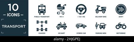 jeu d'icônes de transport remplies. contient transport en commun plat, pram, direction, vélo de livraison, quart de travail,châssis, kart, voiture hybride, parking, moto i Illustration de Vecteur