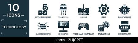 jeu d'icônes de technologie rempli. contient petit caméscope plat, transistor, recevoir, idées, aspirateur robot,circuit globe connected, moniteur hd, jeu vidéo c Illustration de Vecteur