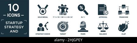 ensemble d'icônes et de stratégie de démarrage rempli. contient une médaille d'or plate, gestion de stratégie, taux, approbation, franchise,choix de stratégie, cible, pion, équilibre, Illustration de Vecteur