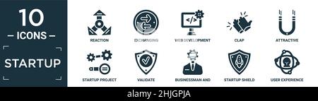 ensemble d'icônes de démarrage remplies. contiennent une réaction plate, échange, développement web, clap, attrayant,démarrer la recherche de projet, valider, homme d'affaires et strat Illustration de Vecteur