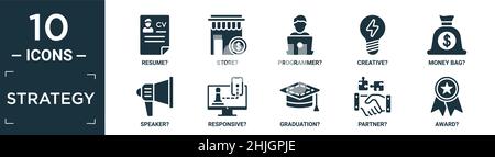 ensemble d'icônes de stratégie remplies. contient un cv à plat ?, magasin ?, programmeur ?, créatif ?, sac d'argent ?,haut-parleur?, réactif?, remise des diplômes?, partenaire?, prix?icônes Illustration de Vecteur