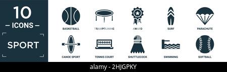 ensemble d'icônes de sport plein. contient basket-ball plat, trampoline, récompense, surf, parachute,canoë sport, court de tennis, shuttlecock, natation, icônes de softball Illustration de Vecteur