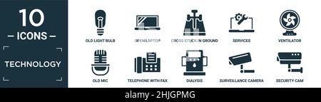 jeu d'icônes de technologie remplies. contiennent une vieille ampoule plate, ordinateur portable ouvert, crossed dans le sol, services, ventilateur, vieux micro, téléphone avec fax,dialectes Illustration de Vecteur