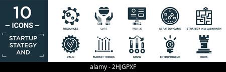 ensemble de stratégies de démarrage et d'icônes. contiennent des ressources plates, soins, web de, jeu de stratégie, stratégie dans un labyrinthe, valide, tendances du marché, croissance, entrepr Illustration de Vecteur