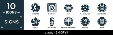 ensemble d'icônes de panneaux remplis. contient un indice plat, un ensemble vide, un vent, des espaces réservés, un hôtel rond,croix, pas déranger, mathématique de base, kitesurf, icône d'atome Illustration de Vecteur