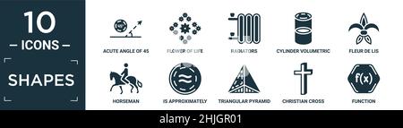 jeu d'icônes de formes remplies contenant un angle aigu plat de 45 degrés, une fleur de vie, des radiateurs, un volume de cylindre, une fleur de lis,horseman, est approximatif Illustration de Vecteur