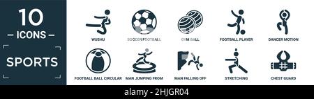 ensemble de symboles sportifs. contient un wushu plat, un ballon de football, un ballon de gym, un joueur de football avec ballon, un mouvement danseur, un ballon rond de football, un homme sautant f Illustration de Vecteur