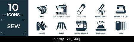 ensemble d'icônes de couture remplies. contient une maille plate, une nouvelle machine à coudre, une épingle de sécurité, des outils à coudre, des pinces à coudre,tissus, plis, machine, porte-épingles, icônes de fils Illustration de Vecteur