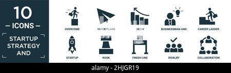 stratégie de démarrage remplie et jeu d'icônes. contiennent à plat surmontée, plan de papier, croissance, homme d'affaires et stratégie, échelle de carrière,démarrage, rook, ligne d'arrivée, r Illustration de Vecteur