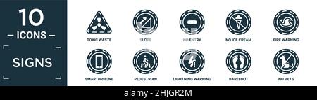 jeu d'icônes de panneaux remplis contenant des déchets toxiques plats, pente, pas d'entrée, pas de glace, avertissement d'incendie,téléphone intelligent, piéton, avertisseur de foudre, pieds nus, non Illustration de Vecteur