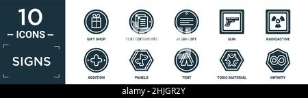 jeu d'icônes de panneaux remplis contenant une boutique de cadeaux à plat, des documents textuels, aligner à gauche, pistolet, radioactif,ajout, panneaux, tente, matériel toxique, icônes à l'infini dans Illustration de Vecteur